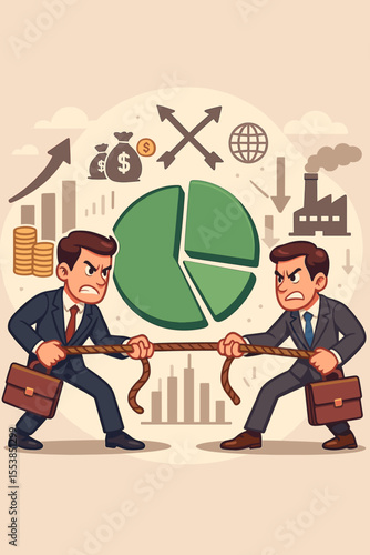 Business competition with two businessmen in a tug of war. Rivals fighting for market share and corporate dominance. Metaphor for investment conflict and trade war. Vector illustration.