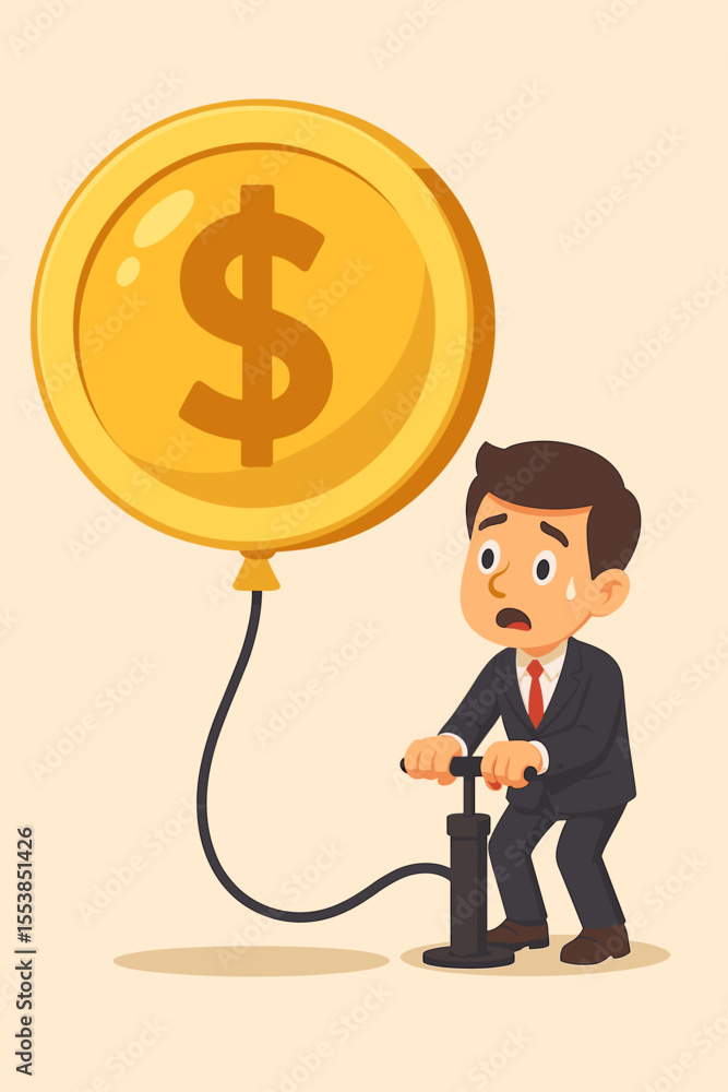 Financial inflation concept with a businessman pumping a dollar coin balloon. A metaphor for economic bubble, currency devaluation, money printing, quantitative easing, and market risk. Financial inflation concept with a businessman pumping a dollar coin balloon. A metaphor for economic bubble, currency devaluation, money printing, quantitative easing, and market risk.
