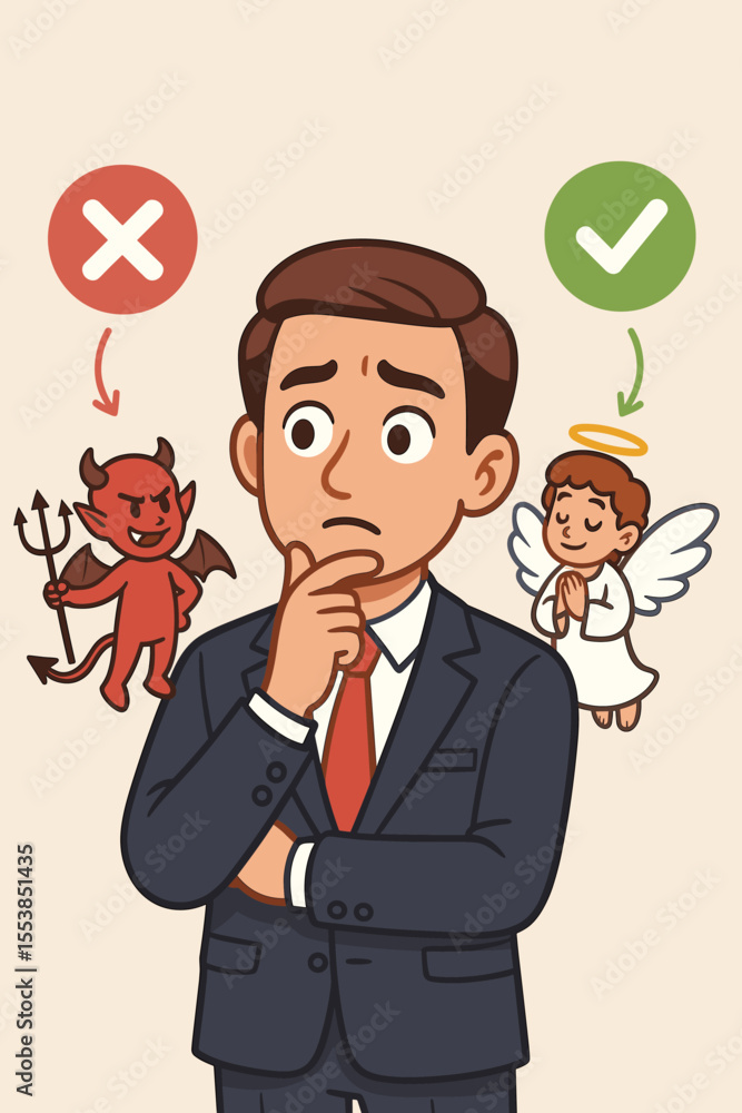 Businessman facing ethical dilemma with devil and angel on shoulders, choosing between right and wrong, good and bad, moral decision making, vector cartoon, corporate ethics concept illustration Businessman facing ethical dilemma with devil and angel on shoulders, choosing between right and wrong, good and bad, moral decision making, vector cartoon, corporate ethics concept illustration
