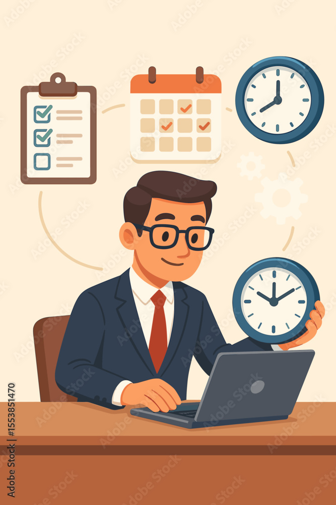 Businessman managing time and project tasks efficiently at desk with laptop, holding clock, surrounded by checklist, calendar, gears, productivity and organization concept, vector illustration Businessman managing time and project tasks efficiently at desk with laptop, holding clock, surrounded by checklist, calendar, gears, productivity and organization concept, vector illustration