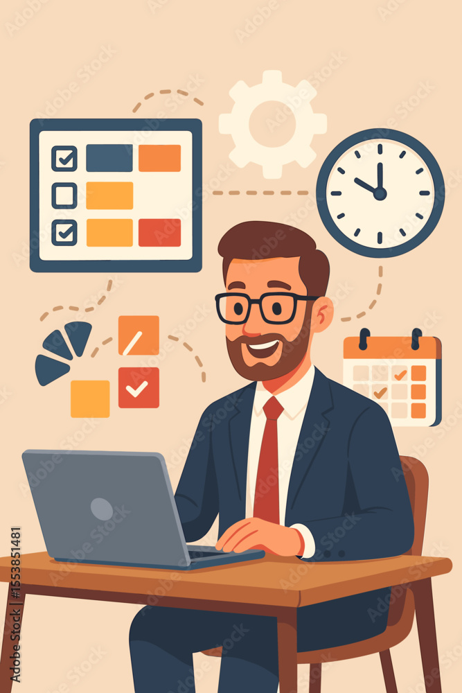 Businessman Managing Project Tasks and Time Management with Laptop, Productivity Planning, Office Workflow, Calendar, Checklist, Deadline Organization, Vector Illustration for Business Concepts Businessman Managing Project Tasks and Time Management with Laptop, Productivity Planning, Office Workflow, Calendar, Checklist, Deadline Organization, Vector Illustration for Business Concepts