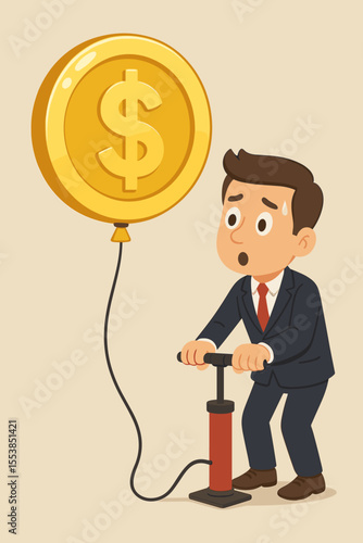 Financial inflation concept. Worried businessman inflates a dollar coin balloon with a pump. Metaphor for an economic bubble, market crisis, quantitative easing, and money devaluation.