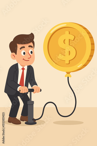 Businessman inflating a dollar coin balloon with a pump. Metaphor for financial inflation, economic bubble, money supply, and currency devaluation. Vector cartoon illustration.