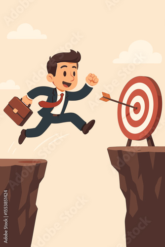 Businessman jumping over cliff gap towards bullseye target. Achieving goals, overcoming obstacles, business success, risk taking, challenge, ambition, motivation. Vector cartoon illustration.