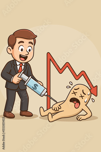 Economic stimulus concept. Businessman injects money into failing economy during a recession. Financial aid and bailout metaphor with syringe and downward graph. Cartoon vector.
