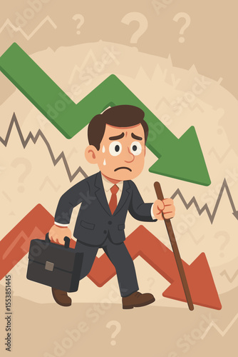 Businessman navigating financial market volatility and uncertainty, holding briefcase and cane, with up and down profit arrows, economic crisis, stock market crash, cartoon vector illustration