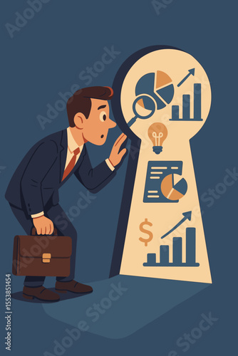 Businessman peering through keyhole discovering confidential business data, analytics, financial growth, insider information, market research, corporate secrets, data access concept illustration
