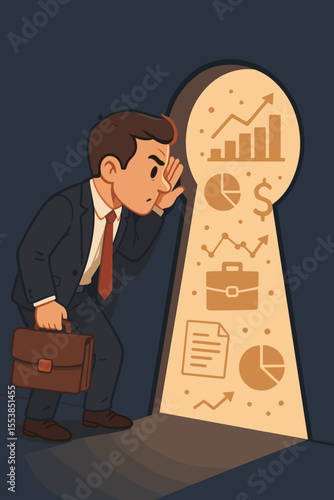 Businessman peering through keyhole discovering confidential business data, financial charts, analytics, insider information, company growth, market research, corporate secrets, vector illustration