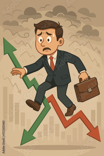 Businessman navigating financial market volatility and uncertainty, cartoon vector illustration. Up and down profit arrows, stock market risk, investment challenge, economic crisis concept