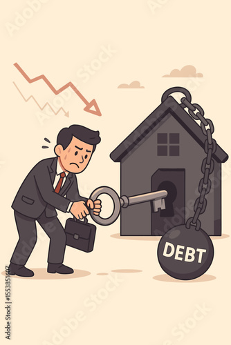 Businessman unlocking house with key chained to debt ball, symbolizing mortgage payment problems, home loan crisis, foreclosure risk, financial burden, real estate downturn, economic recession concept