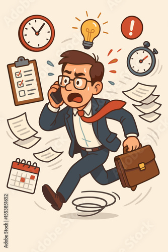 Overwhelmed businessman running with briefcase multitasking urgent work, deadlines, time management, paperwork, stress, checklist, calendar, productivity, cartoon vector illustration