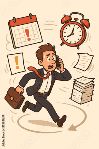 Overwhelmed businessman running in circles multitasking, managing urgent deadlines, paperwork, phone calls, stress, time pressure, calendar reminders, alarm clock. Vector cartoon illustration concept