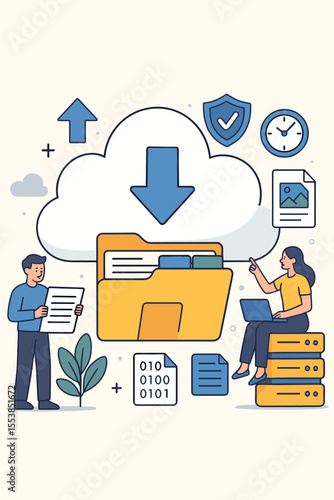 Cloud storage solutions concept with cartoon people managing digital files, secure data hosting, online document sharing, backup, folder organization, server technology, binary code illustration