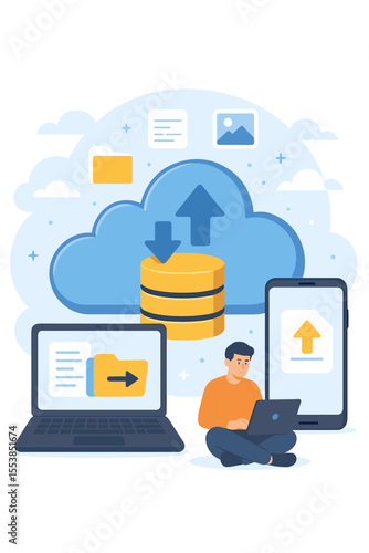 Cloud storage data transfer and file management vector illustration. Online backup, database hosting, document synchronization, digital information sharing, secure access on laptop and mobile devices