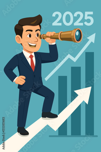 Confident businessman in suit looking through telescope forecasting future economic growth trends for 2025, standing on upward arrow with bar chart, business vision, financial planning concept