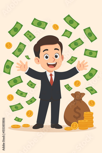 Successful businessman celebrating wealth, cartoon vector illustration. Money rain, cash flow, profit, income, financial success, rich entrepreneur, investment, business growth, fortune concept