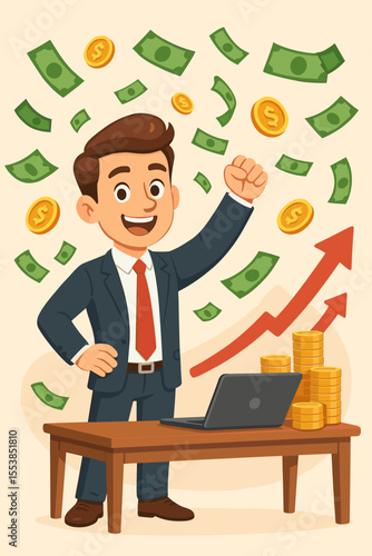 Successful entrepreneur celebrating financial growth and profit. Cartoon businessman in suit with laptop, rising graph, flying money, gold coins, wealth, investment, business success concept