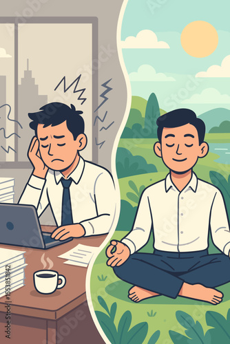 Stressful Office Work vs Meditation for Inner Peace. Businessman Transformation from Anxiety to Calm. Mental Health, Mindfulness, Relaxation, Work Life Balance, Stress Relief, Nature Escape Concept