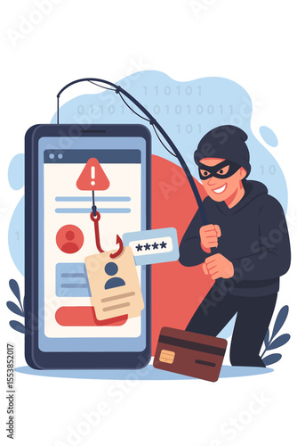 Cybersecurity phishing attack mobile concept. Hacker stealing sensitive data, passwords, personal information, credit card details via fake website. Identity theft, online fraud vector illustration
