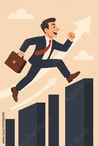 Ambitious businessman jumping over bar chart, striving for career advancement, business success, professional growth, leadership, opportunity, achievement, motivation. Vector illustration concept