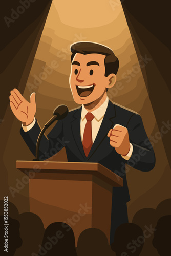 Businessman Giving Motivational Speech at Podium Under Spotlight to Inspire Audience. Leadership, Public Speaking, Success, Conference, Seminar, Business Event. Vector Cartoon Illustration