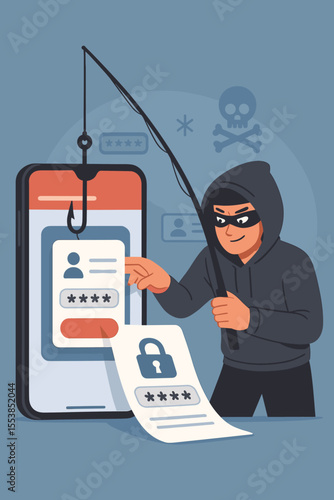 Cybersecurity phishing attack concept. Hacker stealing sensitive data, passwords, login credentials via fake mobile website. Online identity theft, cybercrime, fraud risk vector illustration