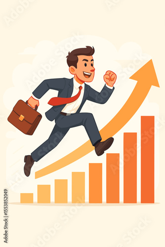 Ambitious businessman jumping over rising bar graph, striving for career success, business growth, achievement, leadership, motivation, upward progress, professional development, vector illustration