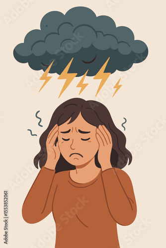 Stressed anxious woman holding head under dark storm cloud with lightning bolts, mental health crisis, emotional turmoil, depression, anxiety attack, psychological stress, vector illustration