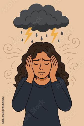 Stressed anxious woman overwhelmed by negative emotions, storm cloud rain lightning symbolizing mental health crisis, depression, anxiety, emotional turmoil, psychological stress vector illustration