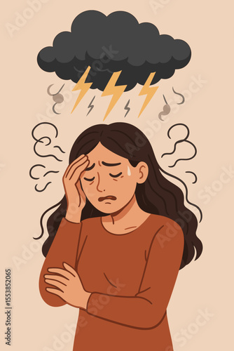 Stressed anxious woman overwhelmed by emotional turmoil, mental health crisis concept, storm cloud and lightning metaphor, depression anxiety burnout, psychological pressure, vector illustration