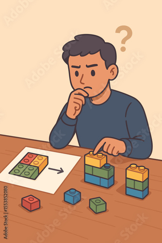 Child solving logic puzzle with colorful toy building blocks, cognitive development, critical thinking, intelligence test, educational activity, analytical reasoning, problem solving concept