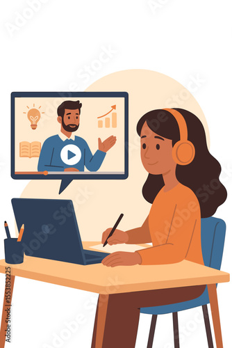 Woman Studying Online Learning Course with Headphones, Watching Educational Video Tutorial, Taking Notes, Distance Education, E-Learning, Skill Development, Remote Training, Vector Illustration