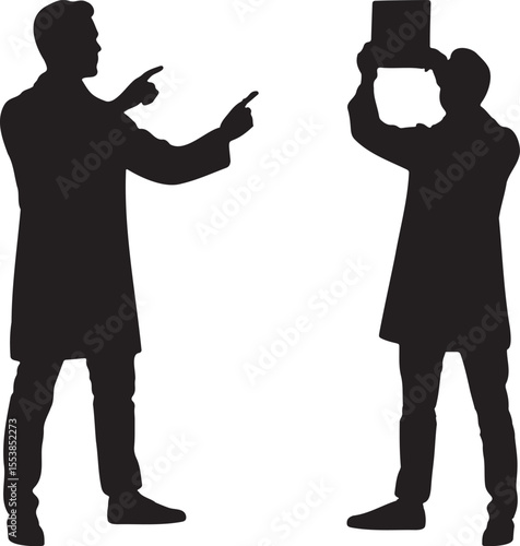 Scientists collaborate, one pointing with hands and other holding a tablet, in a black silhouette illustration.