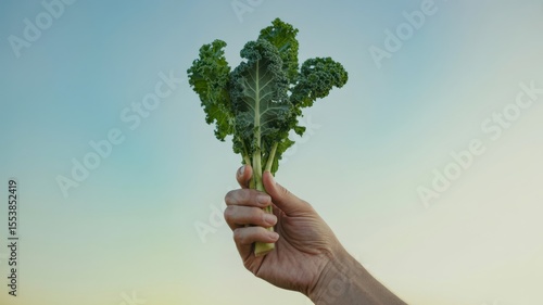 Hand holding fresh kale against sky