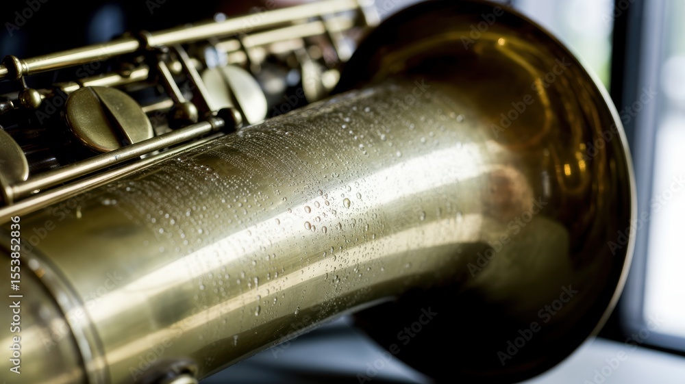 Naklejka premium Close-up of glossy brass saxophone with water droplets
