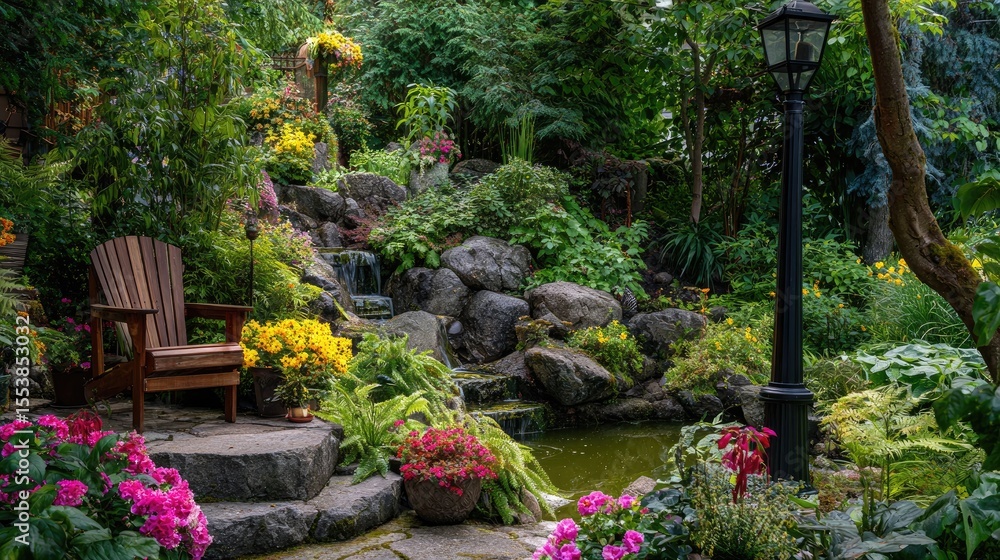 A peaceful garden scene with a wooden chair and a small waterfall. A peaceful garden scene with a wooden chair and a small waterfall.