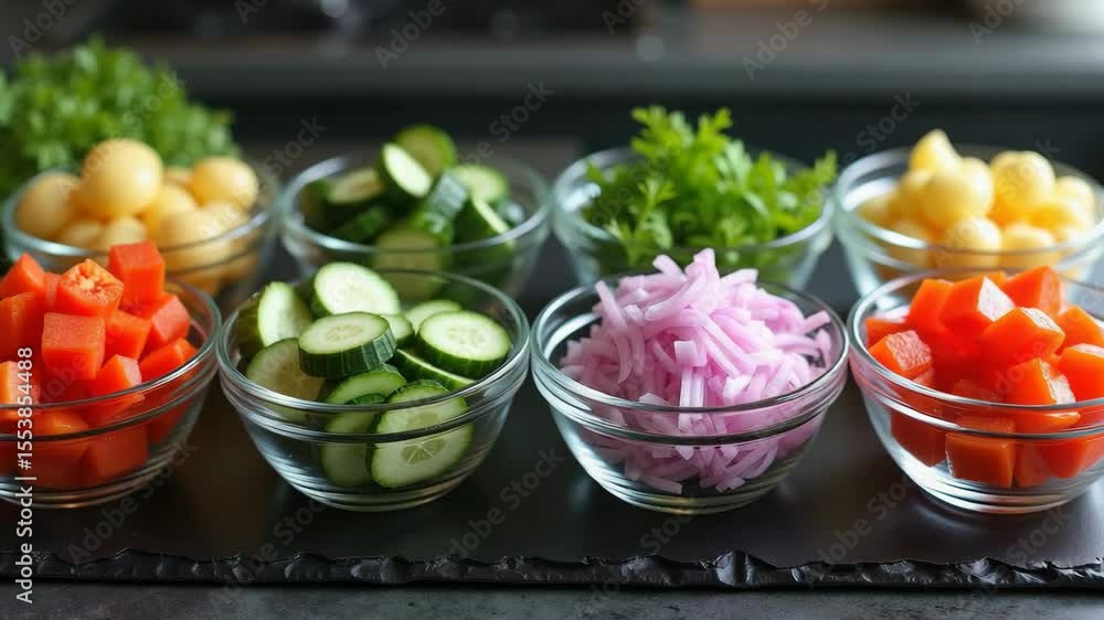 Assortment of fresh chopped vegetables and herbs in glass bowls on kitchen counter — perfect for clean eating, vegan meal prep, healthy cooking, and plant-based nutrition