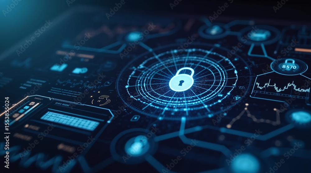 touchscreen interface with cybersecurity dashboard, padlock icons, data stats, futuristic GUI design touchscreen interface with cybersecurity dashboard, padlock icons, data stats, futuristic GUI design