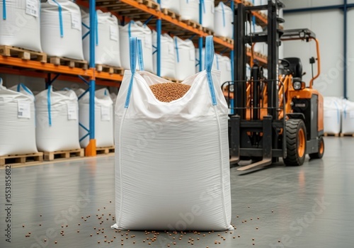 Brown plastic pellets in an open bigbag, background: warehouse with raw material pallets and electric loader