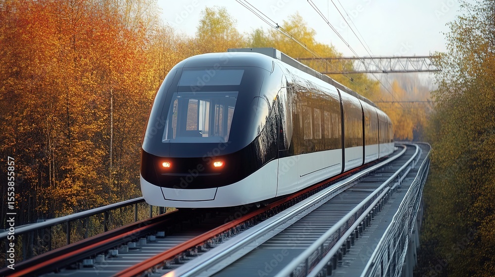 Naklejka premium A sleek modern train travels on elevated tracks surrounded by autumn trees with golden leaves in a serene, rural setting.