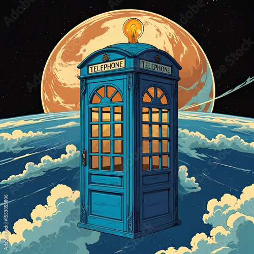 Blue telephone booth flying over planet earth