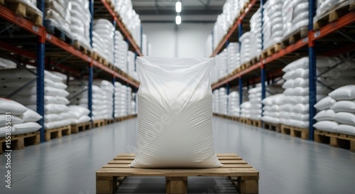 Open bag with sugar on a pallet, background: warehouse with raw material pallets