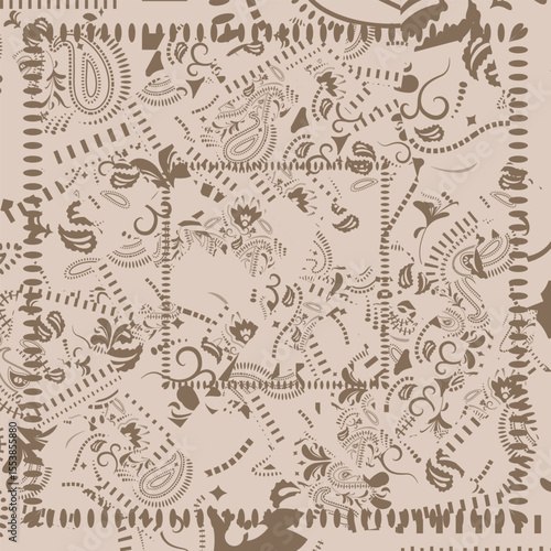 Retro bandanna print in brown tones. Abstract seamless pattern for kerchief, fabric patchwork.