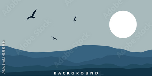 Landscape in blue and gray tones with silhouettes of wavy mountains that gradually disappear into the fog. The sun is shining in the sky and several birds are flying