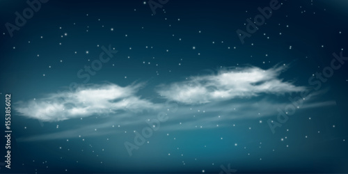 night sky with a dark gradient, dotted with small stars. Several light, fluffy clouds are visible in the foreground, floating horizontally.