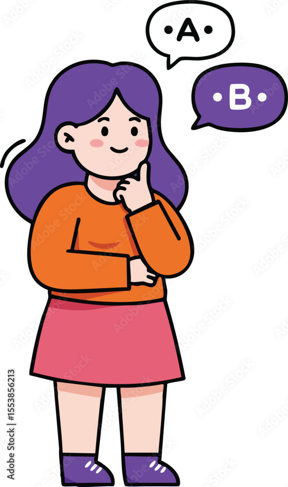 Girl with purple hair thinking and choosing between options A and B in casual clothes vector illustration Girl with purple hair thinking and choosing between options A and B in casual clothes vector illustration