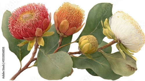 Detailed illustration of native Australian flowers and leaves.