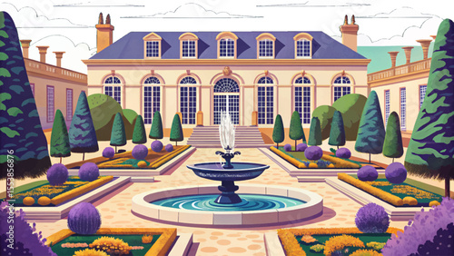 Elegant French garden featuring symmetrical hedges, classical fountains, and manicured lawns vector ideal for themes of luxury, history, and landscape design