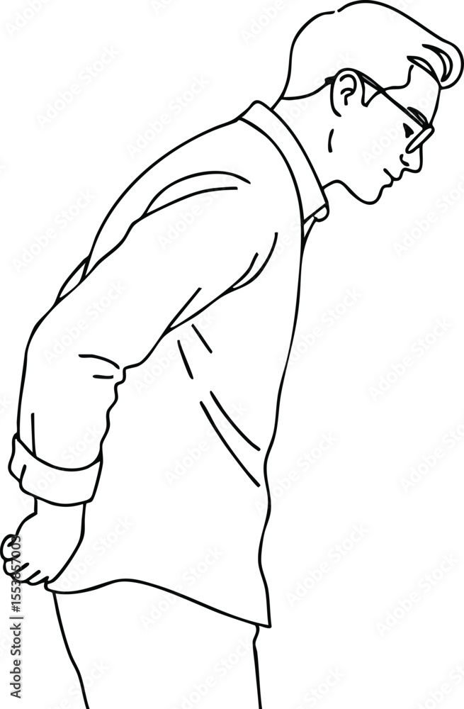 Fototapeta premium Man Bowing Gesture Wearing Glasses and Casual Shirt Side View Outline Vector Illustration 