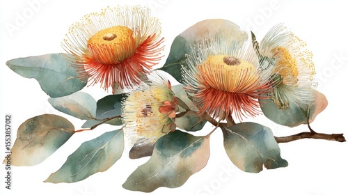 Detailed watercolor illustration of eucalyptus blossoms and leaves.